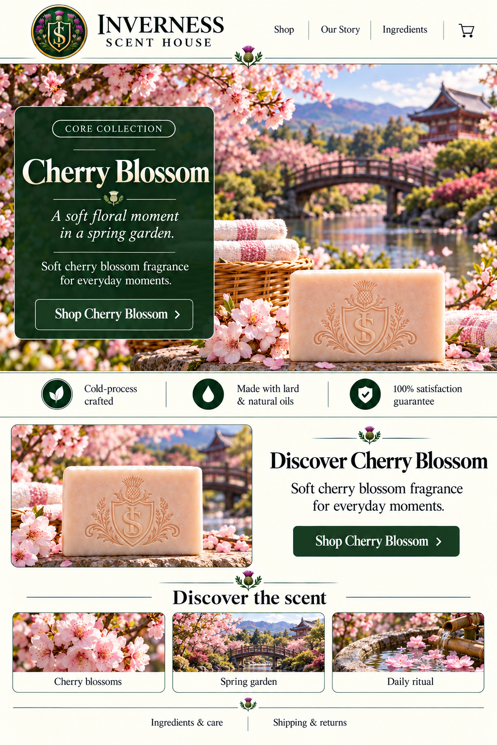 Cherry Blossom soap landing-page artwork