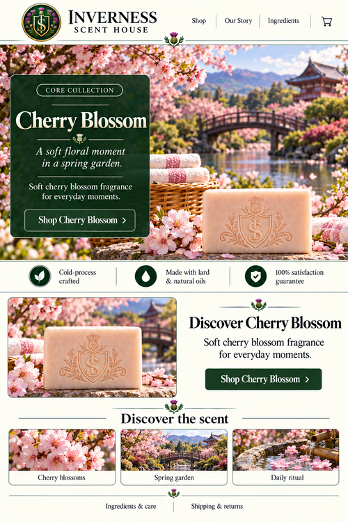 Cherry Blossom soap landing-page artwork