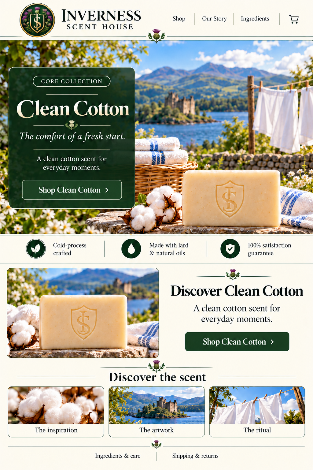 Clean Cotton soap landing-page artwork