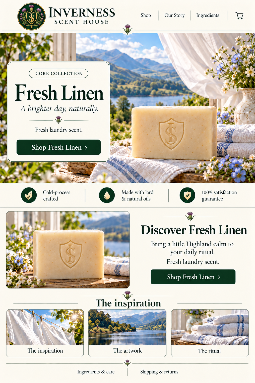 Fresh Linen soap landing-page artwork