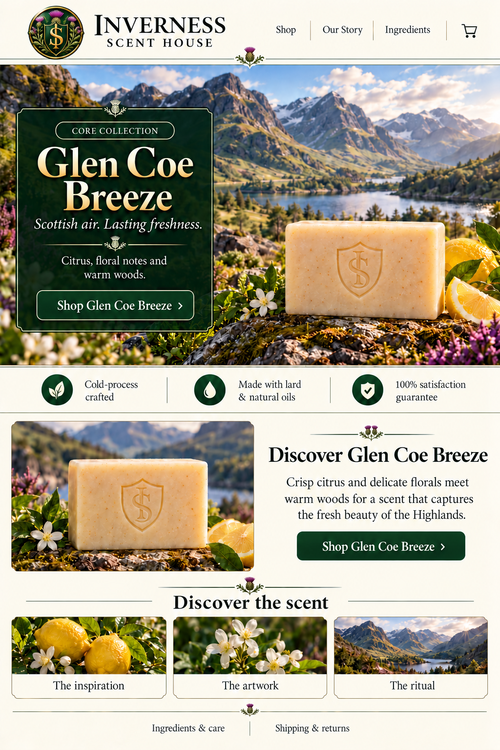 Glen Coe Breeze soap landing-page artwork
