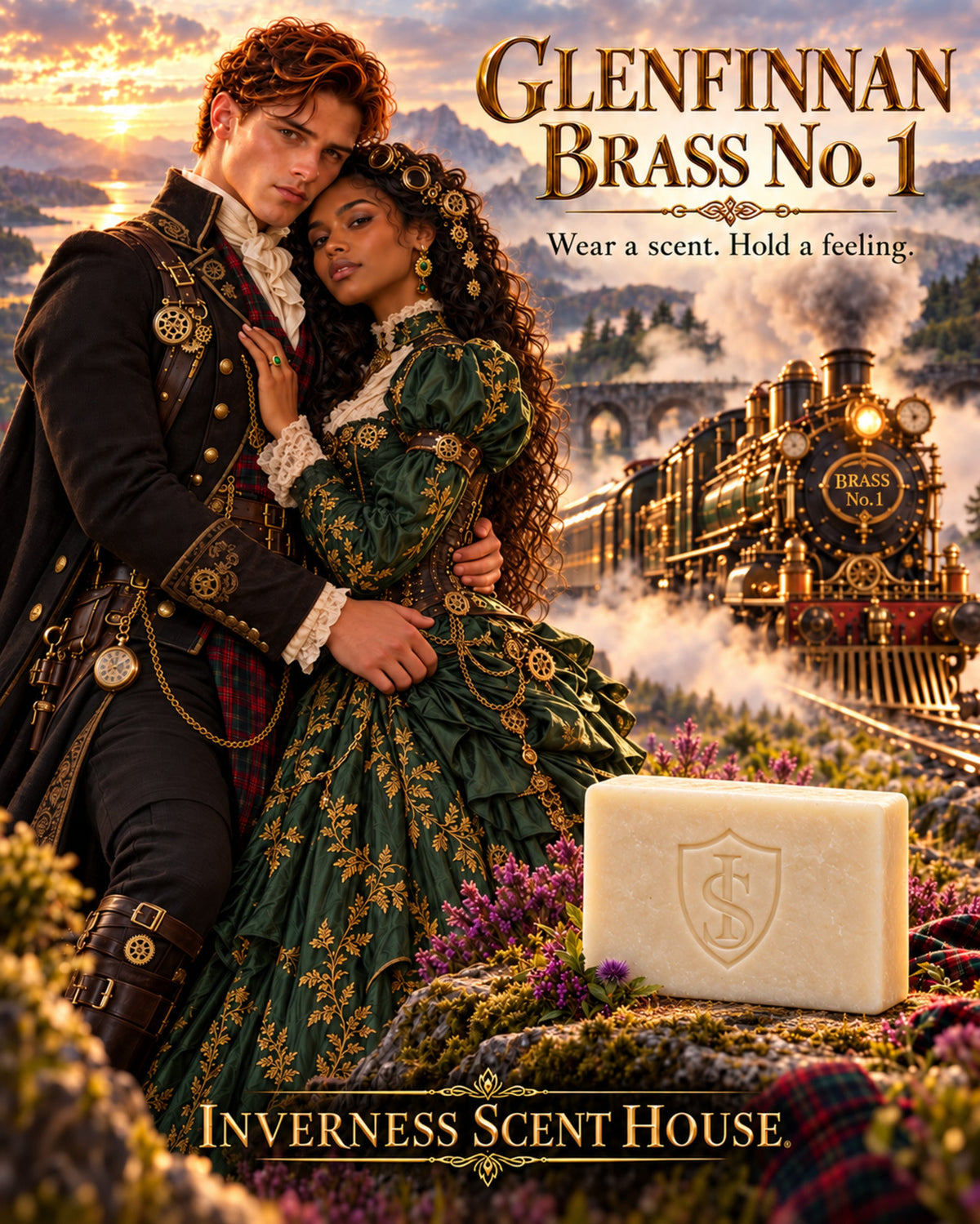 Glenfinnan Brass No.1 soap with Inverness shield stamp, a steampunk couple and Highland steam train at sunset.