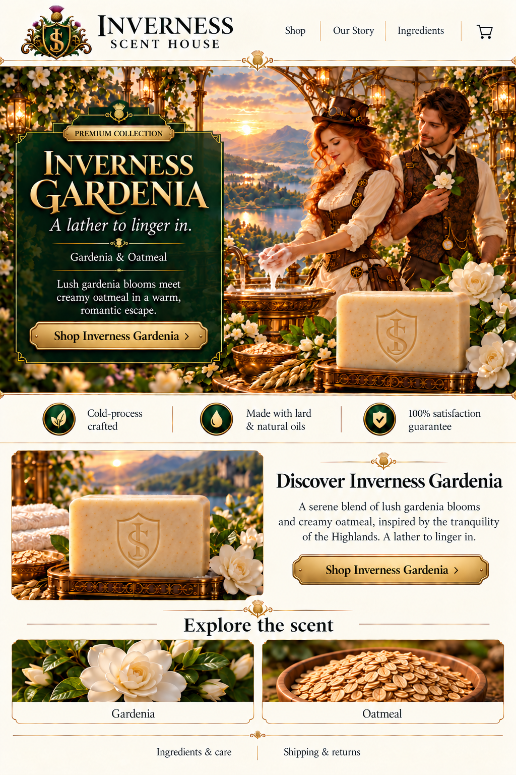 Inverness Gardenia premium soap landing-page artwork