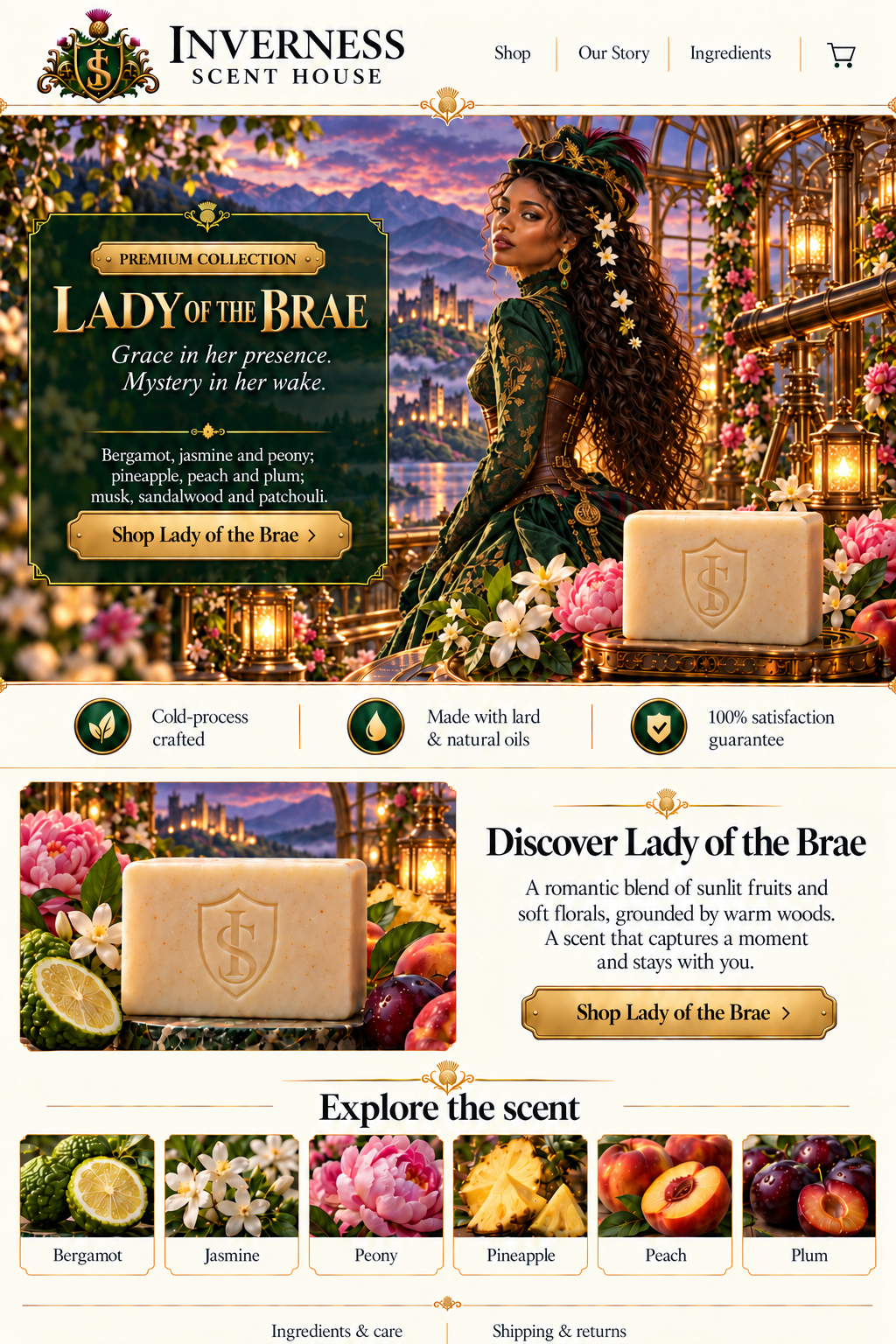 Lady of the Brae premium soap landing-page artwork