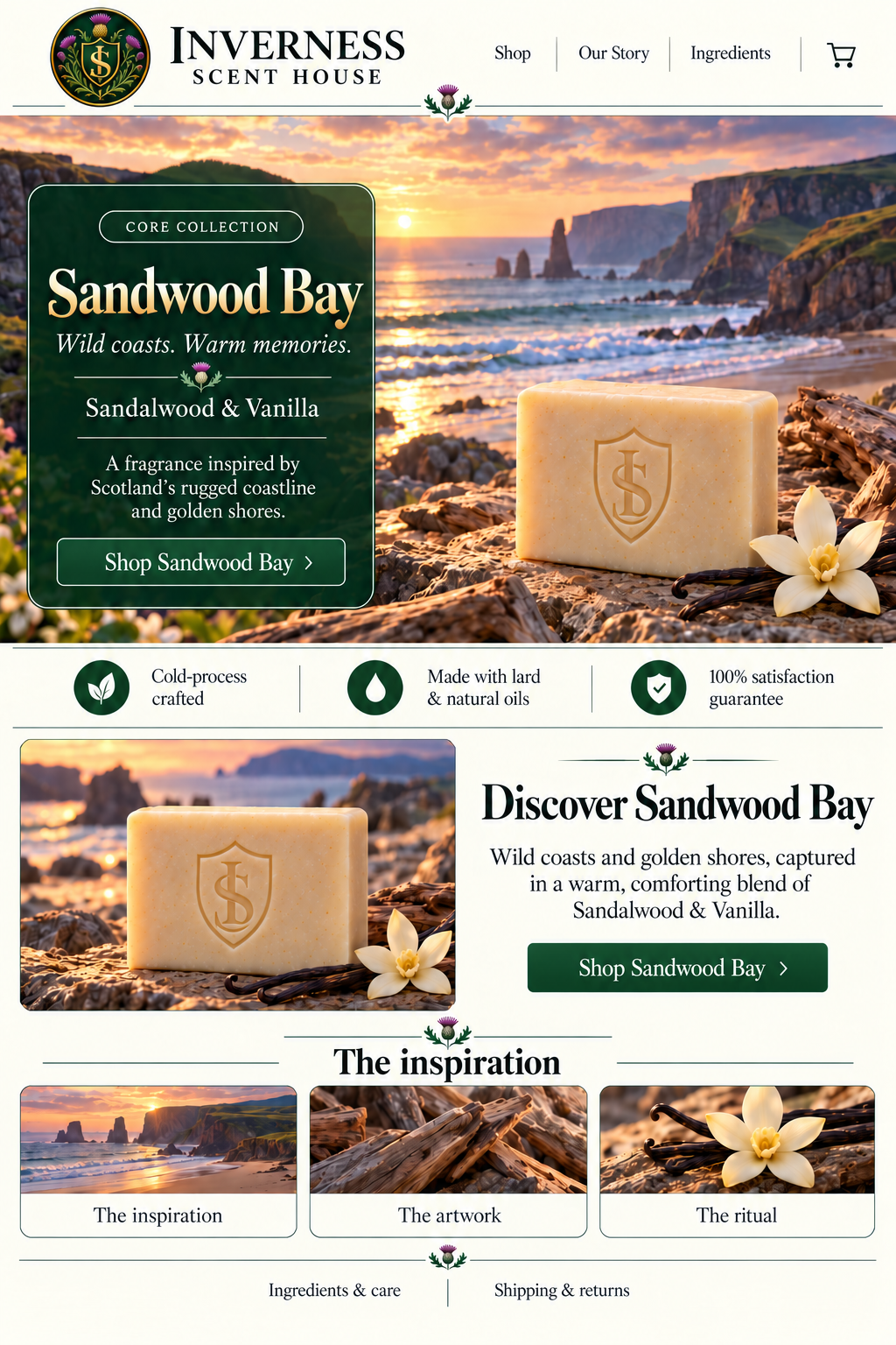 Sandwood Bay soap landing-page artwork