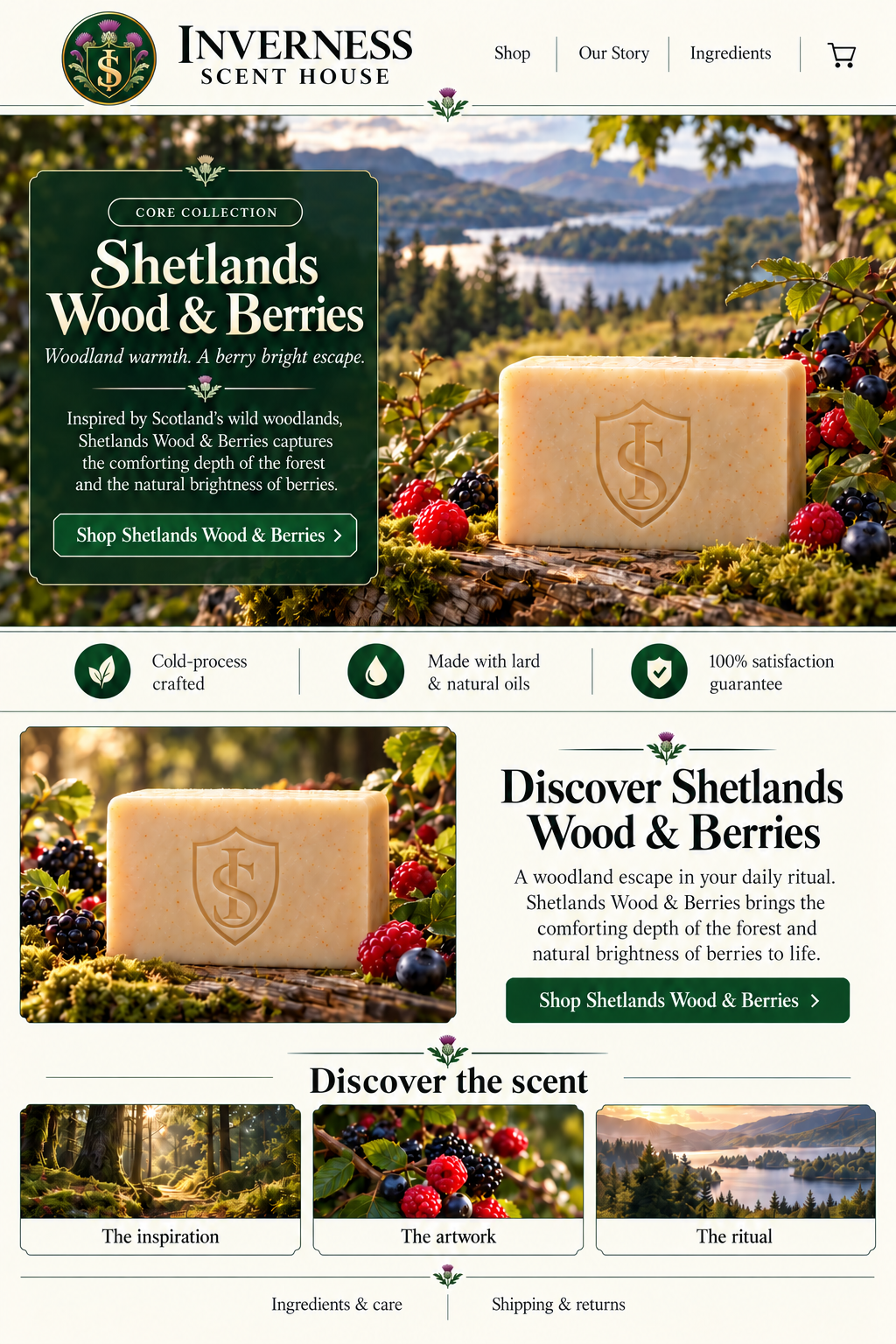 Shetlands Wood & Berries soap landing-page artwork