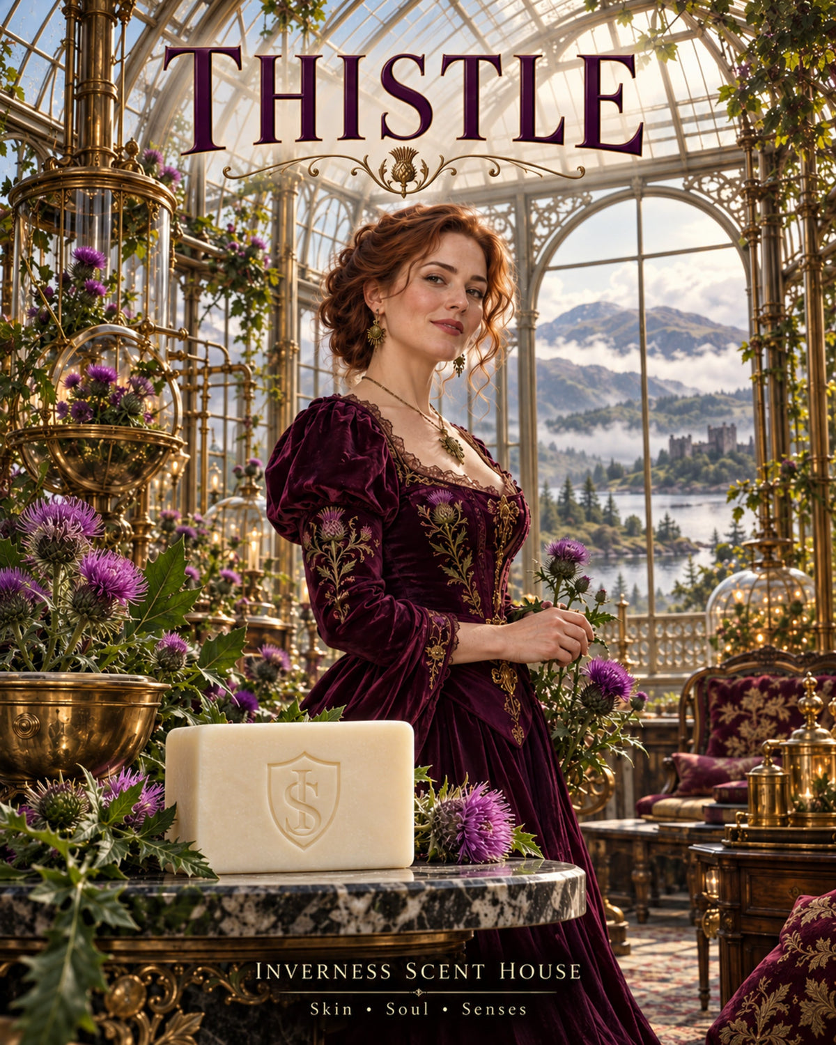 Thistle handmade soap in the Royal Thistle Conservatory — Scottish steampunk poster.
