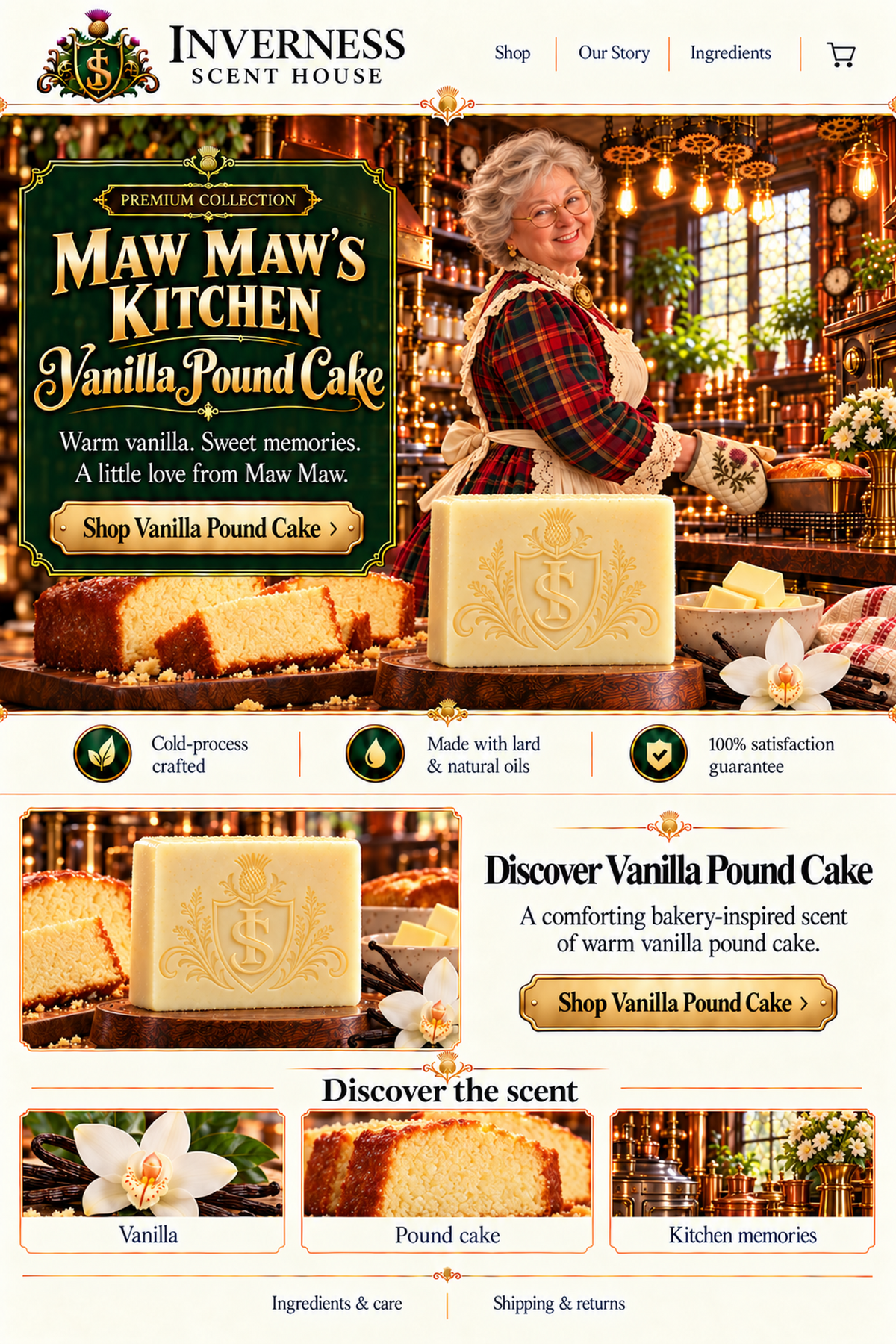 Vanilla Pound Cake soap landing-page artwork featuring Maw Maw’s Kitchen